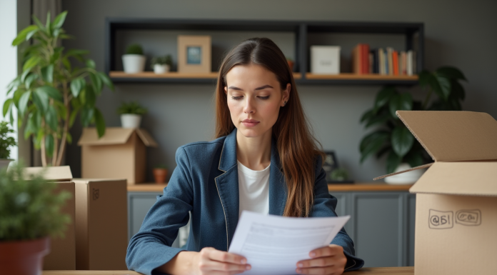 Femme concentrée avec papiers et cartons dans un appartement