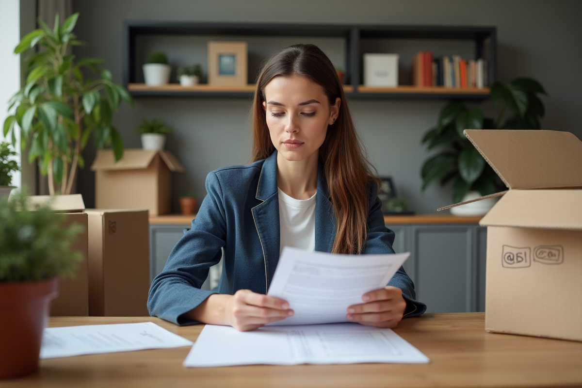 Femme concentrée avec papiers et cartons dans un appartement