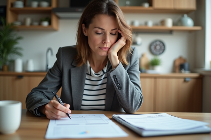 femme-organise-documents Femme organisée planifiant dans une cuisine lumineuse