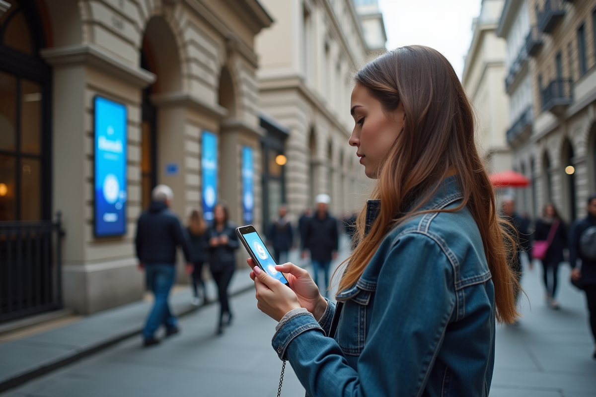 Jeune femme avec smartphone et portefeuille crypto dans la ville