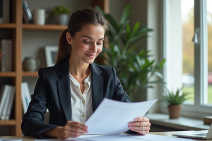 Jeune femme en blazer examine des papiers de prêt immobilier