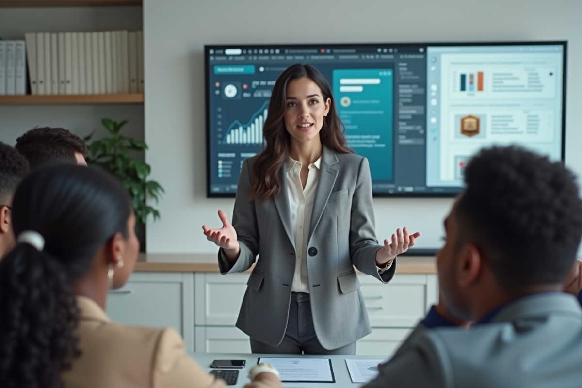 Jeune femme professionnelle expliquant la securite digitale