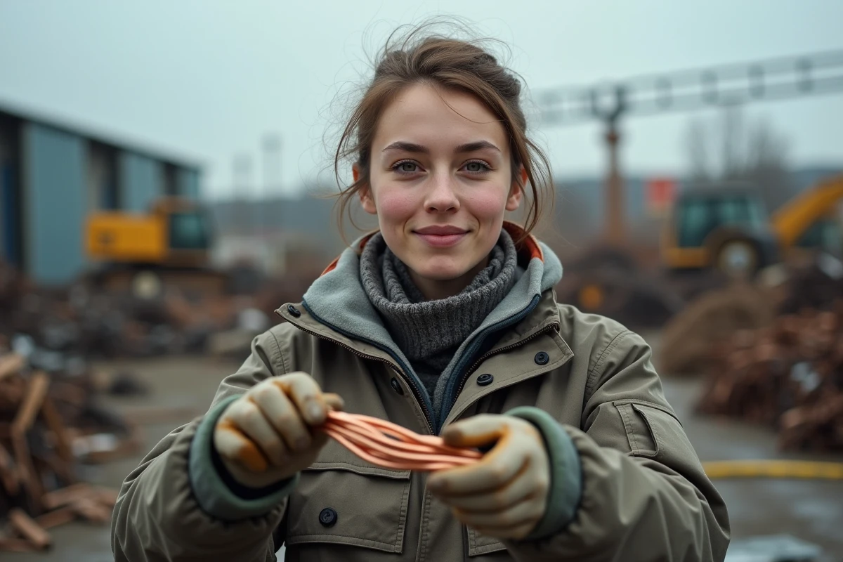 Jeune femme inspectant un fil de cuivre dans une décharge industrielle