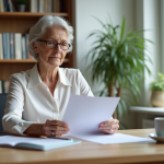 Retraite fonction publique : options avec un salaire de 2000 euros net Femme retraitée examine documents dans son bureau