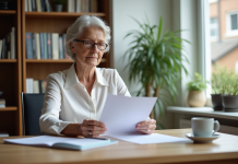 Femme retraitée examine documents dans son bureau
