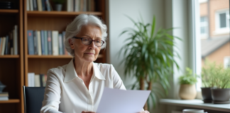Retraite fonction publique : options avec un salaire de 2000 euros net Femme retraitée examine documents dans son bureau