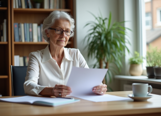 Femme retraitée examine documents dans son bureau