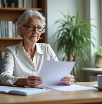 Femme retraitée examine documents dans son bureau