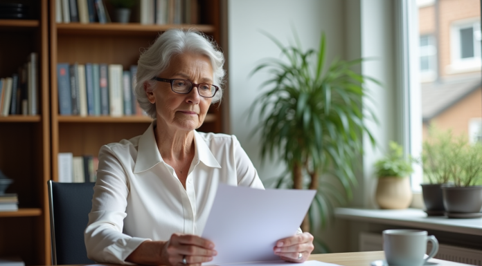 Retraite fonction publique : options avec un salaire de 2000 euros net Femme retraitée examine documents dans son bureau