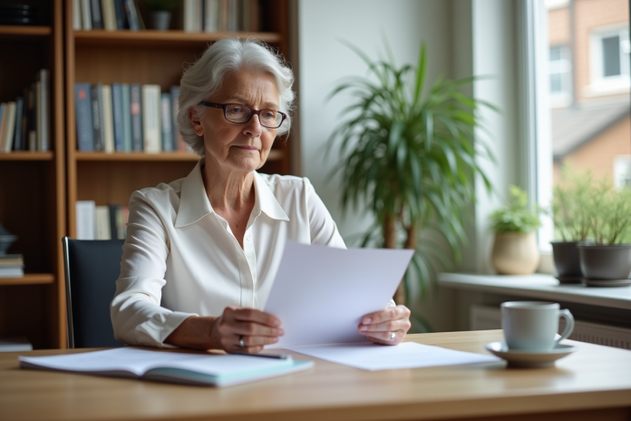 Femme retraitée examine documents dans son bureau