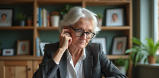 Femme retraitée lisant des documents de pension à la maison