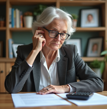 Femme retraitée lisant des documents de pension à la maison