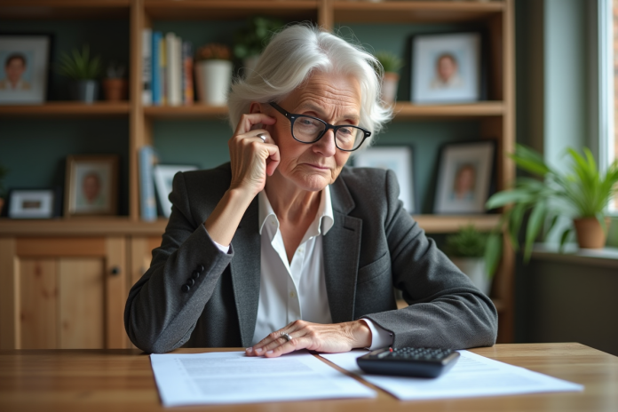 Femme retraitée lisant des documents de pension à la maison