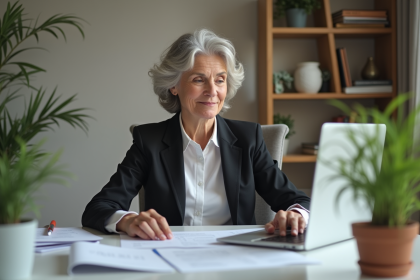 Femme d'âge moyen en tenue d'affaires examine des documents de pension