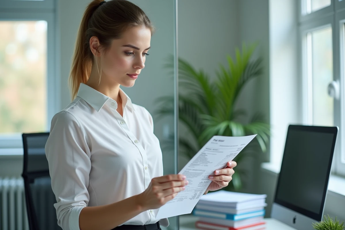 Jeune femme d affaires v&eacute;rifiant une fiche de paie