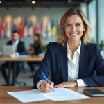 Cotiser pour la retraite en travaillant à l’étranger : nos conseils et solutions sûres Femme souriante remplissant des papiers de retraite au bureau