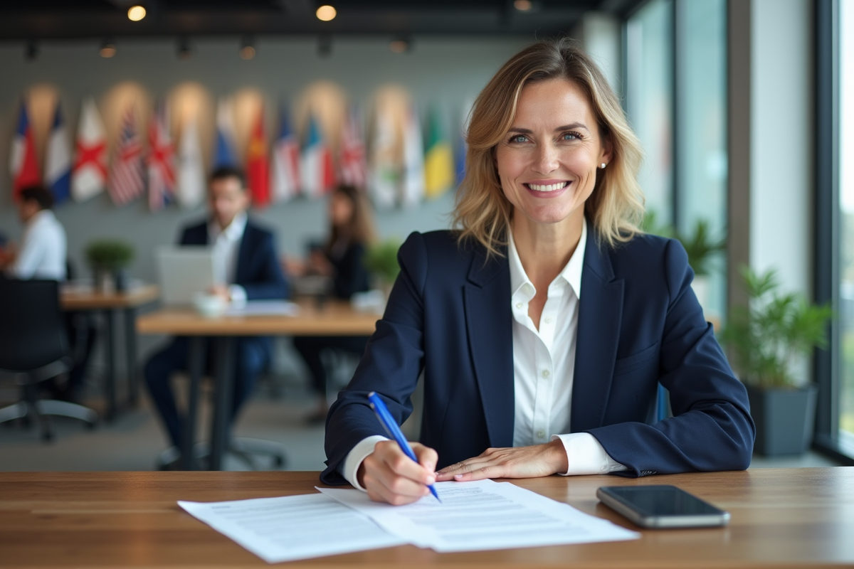 Femme souriante remplissant des papiers de retraite au bureau