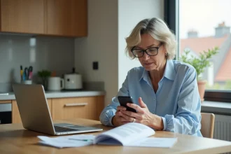 Femme d'âge moyen vérifiant son smartphone dans une cuisine moderne