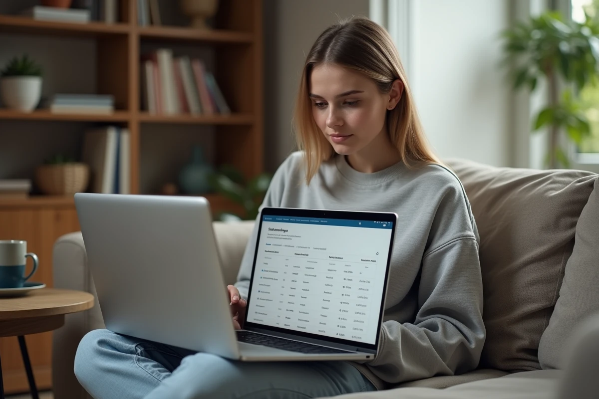 Jeune femme sauvegardant son historique d'achats Valorant sur un ordinateur portable depuis son canapé