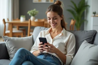 Jeune femme détendue utilisant son smartphone dans un salon lumineux