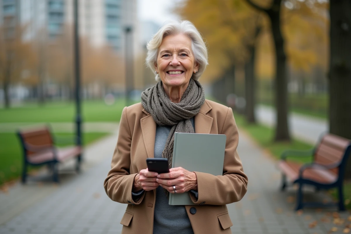 Femme senior souriante dans un parc urbain