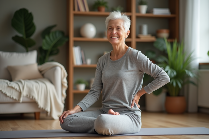 Femme senior souriante en yoga dans un salon cosy