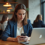 Accélérer transaction Bitcoin : astuces efficaces pour gagner du temps lors d’une transaction Jeune femme regardant son smartphone dans un café moderne