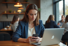 Jeune femme regardant son smartphone dans un café moderne