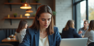 Jeune femme regardant son smartphone dans un café moderne