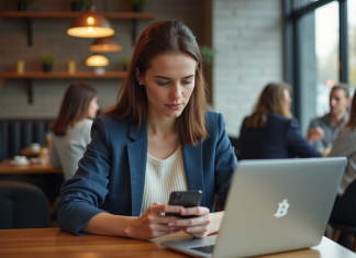 Accélérer transaction Bitcoin : astuces efficaces pour gagner du temps lors d’une transaction Jeune femme regardant son smartphone dans un café moderne