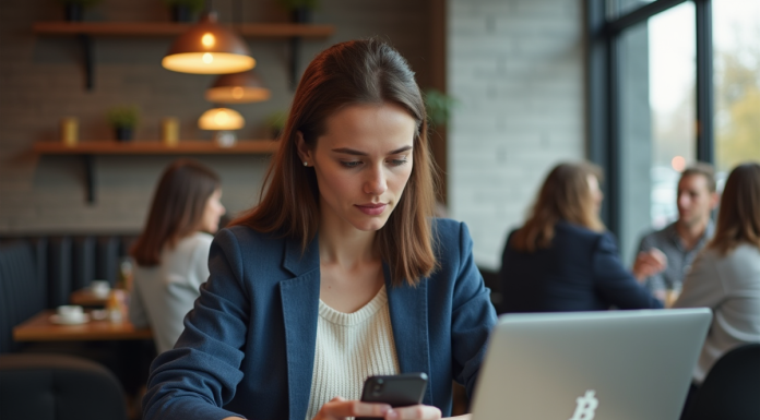 Accélérer transaction Bitcoin : astuces efficaces pour gagner du temps lors d’une transaction Jeune femme regardant son smartphone dans un café moderne