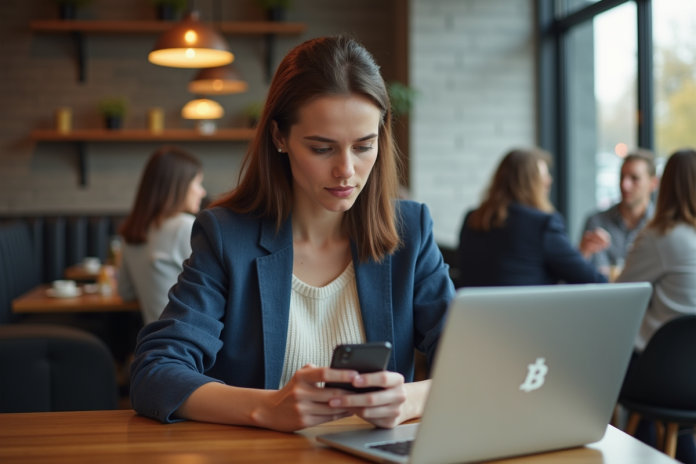Jeune femme regardant son smartphone dans un café moderne