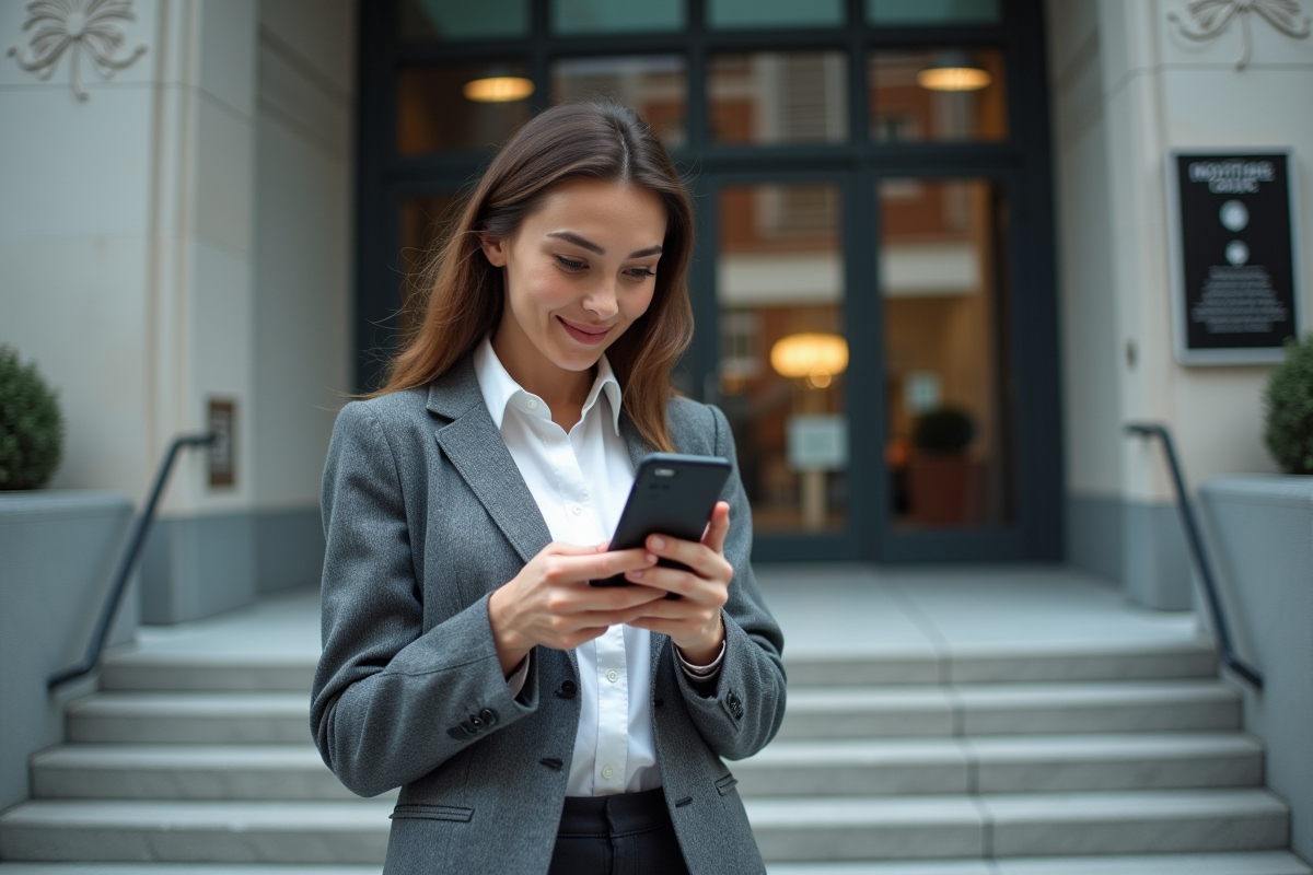 Femme vérifiant son portefeuille crypto devant un bâtiment canadien