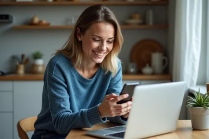 Femme souriante utilisant son smartphone dans une cuisine moderne