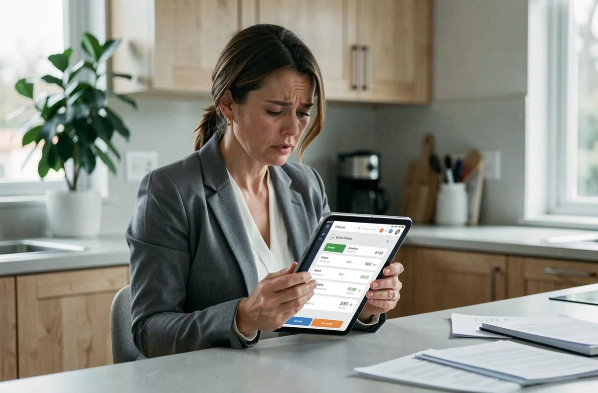 Femme utilisant une tablette pour régler une facture Free depuis son domicile