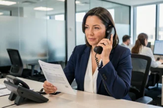Femme professionnelle téléphonant au service client de la Banque Postale centre financier pour un suivi de compte bancaire