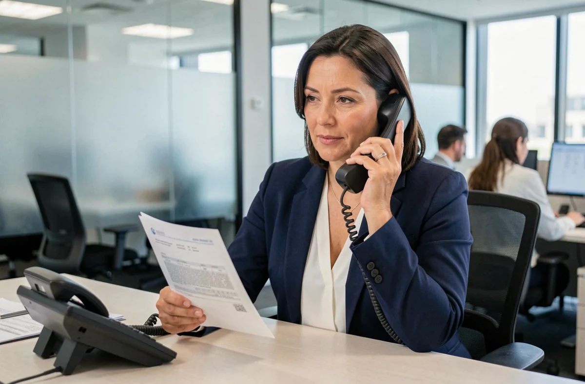 Femme professionnelle téléphonant au service client de la Banque Postale centre financier pour un suivi de compte bancaire