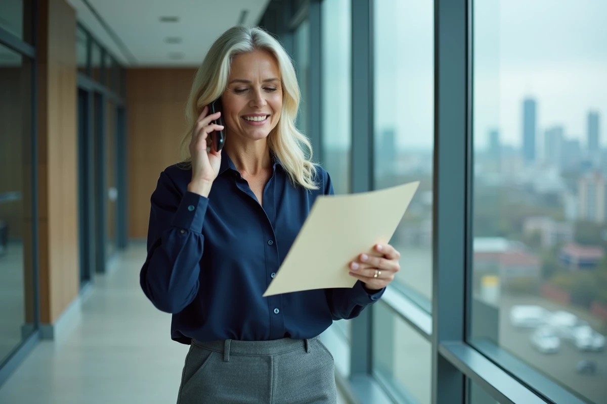 Femme parlant au t&eacute;l&eacute;phone dans un bureau moderne