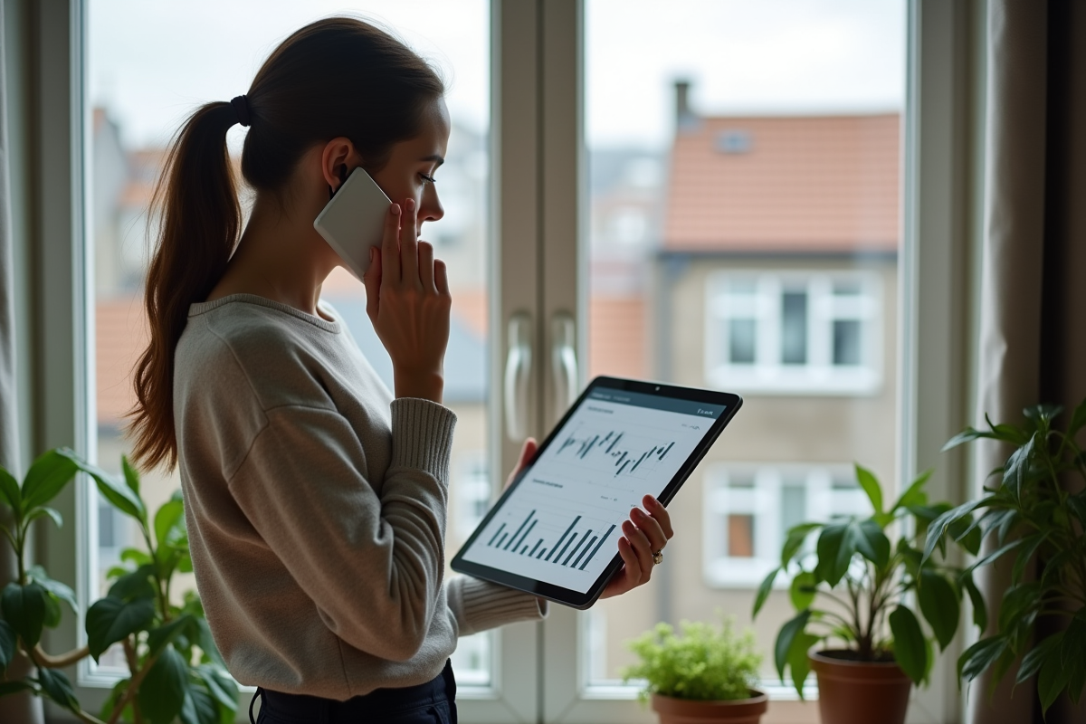 Jeune femme parlant au téléphone avec tablette dans son appartement