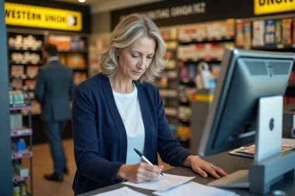 Femme remplissant un formulaire de transfert d'argent Western Union au guichet d'un bureau de poste