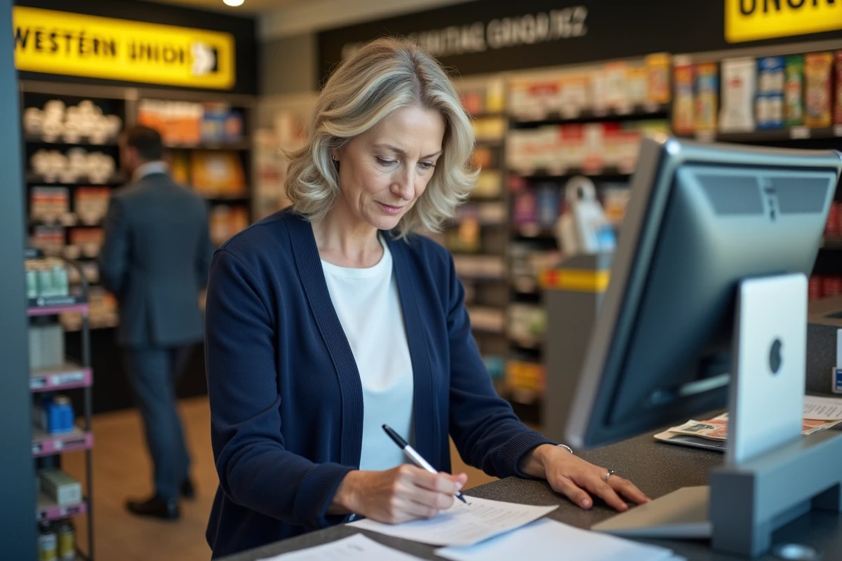 Femme remplissant un formulaire de transfert d'argent Western Union au guichet d'un bureau de poste
