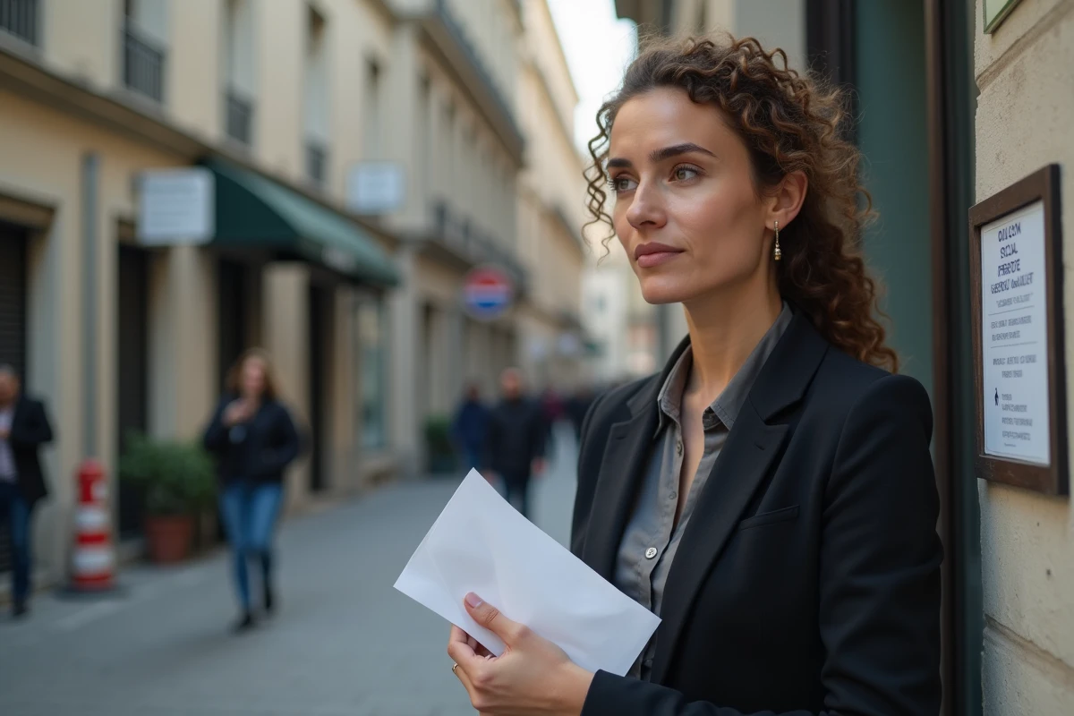 Femme dans une rue devant un bureau social en attente