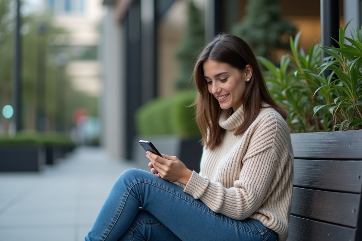 Jeune femme dehors vérifiant ses actions sur son téléphone