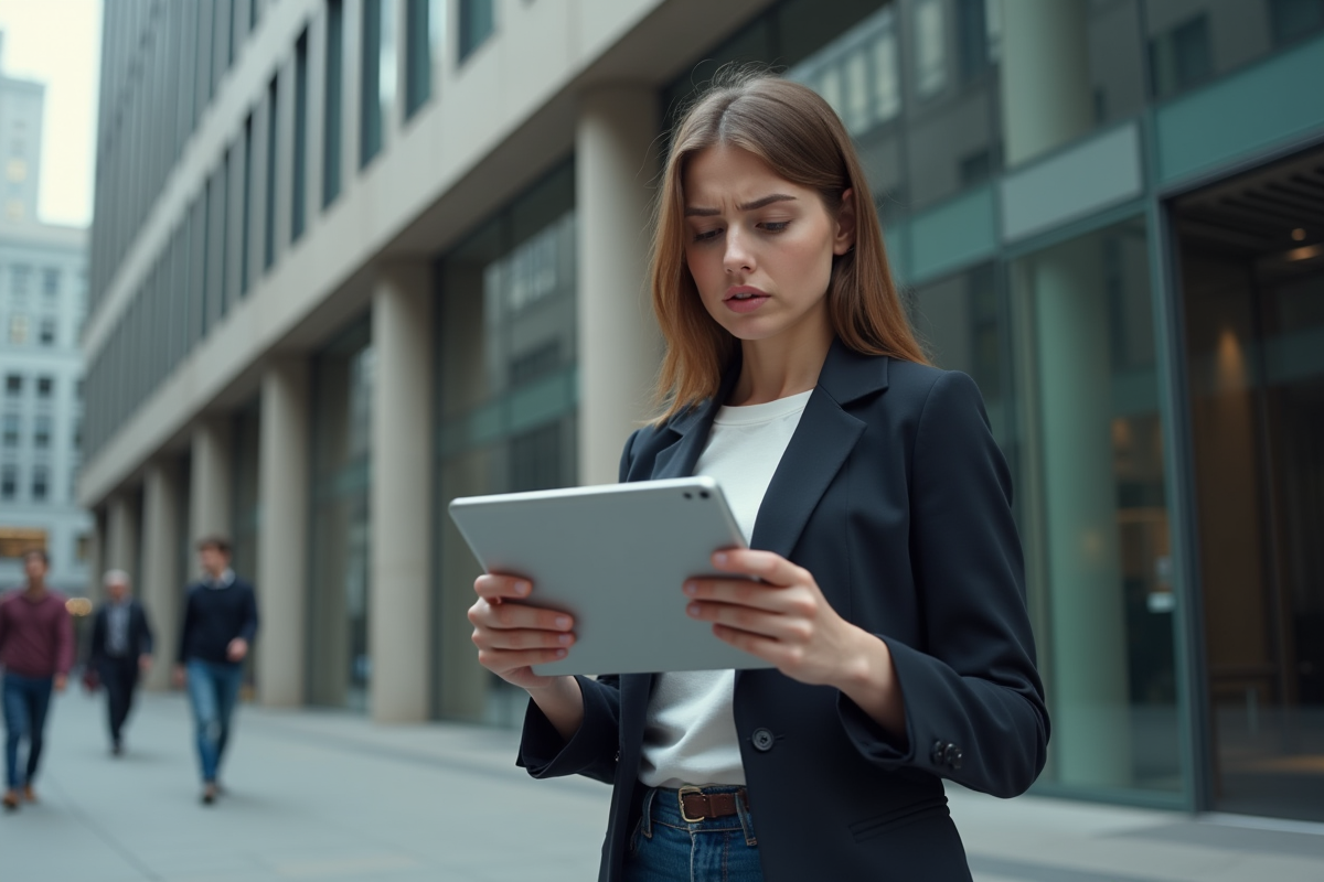 Jeune femme avec tablette affichant une interface de sécurité