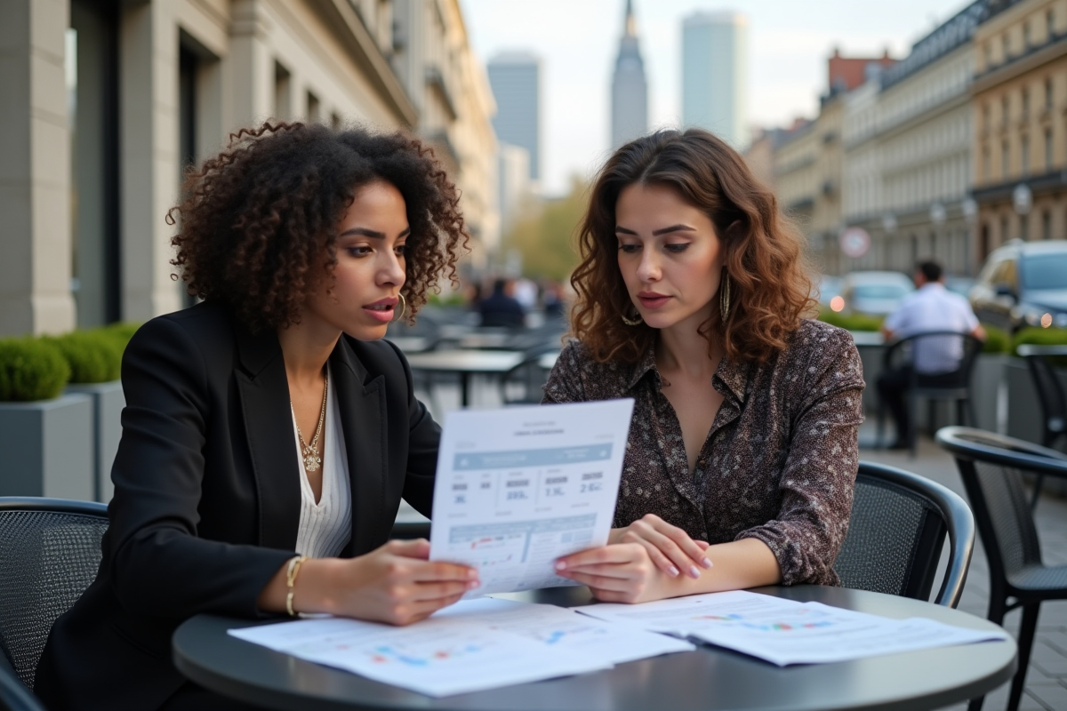 Deux femmes discutant de rapports crypto en terrasse
