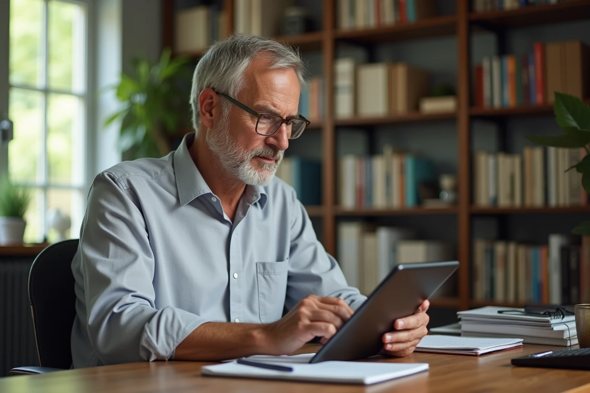 Homme consultant une application d'épargne salariale sur tablette dans un bureau à domicile, représentant la gestion fiscale et les placements financiers en 2026