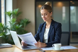 Femme cadre consultant des documents fiscaux sur son bureau dans un environnement professionnel moderne, illustrant la fiscalité et l'épargne salariale 2026