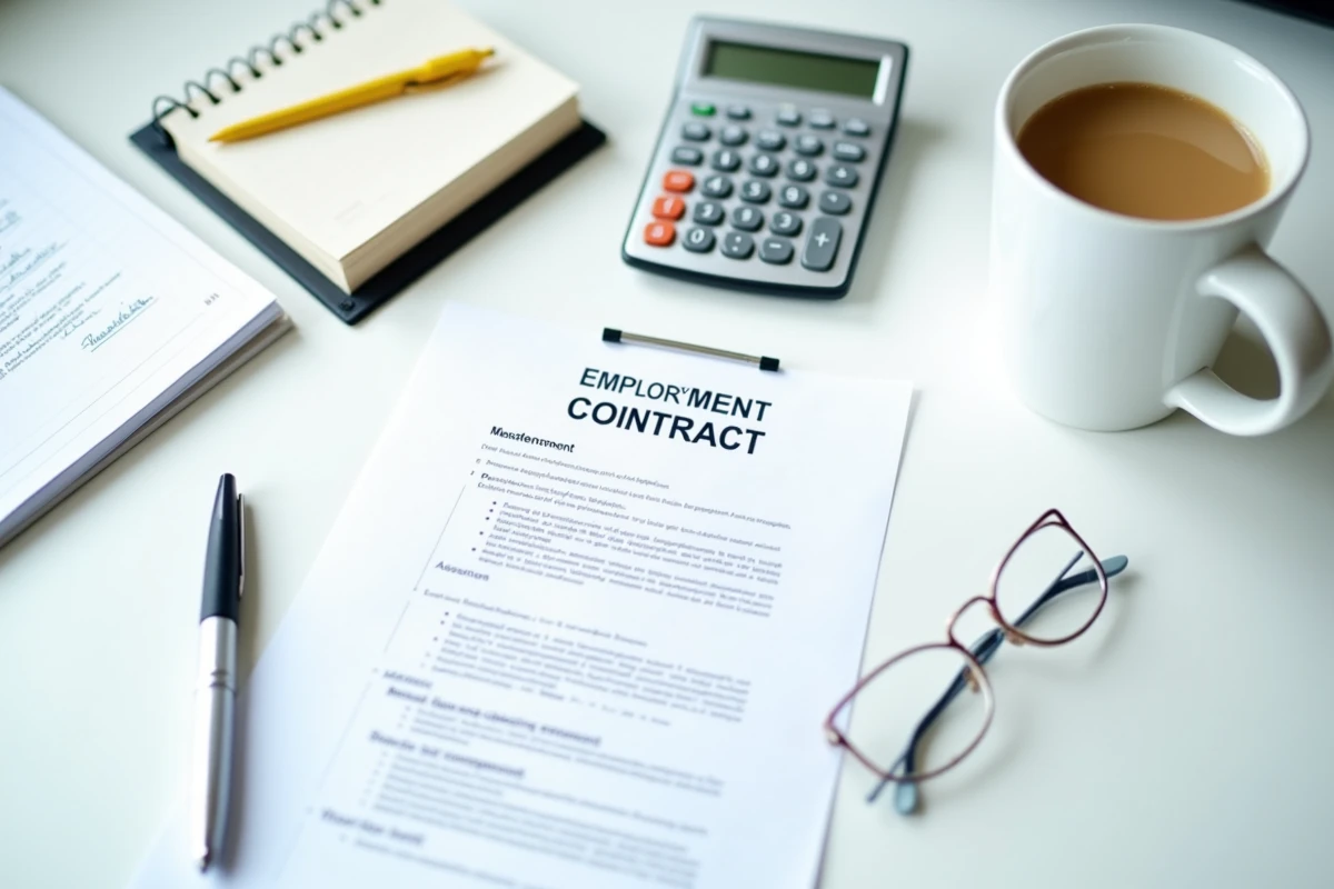 Flat lay d'un contrat CDD, calculatrice et notes manuscrites pour anticiper le montant des allocations chômage