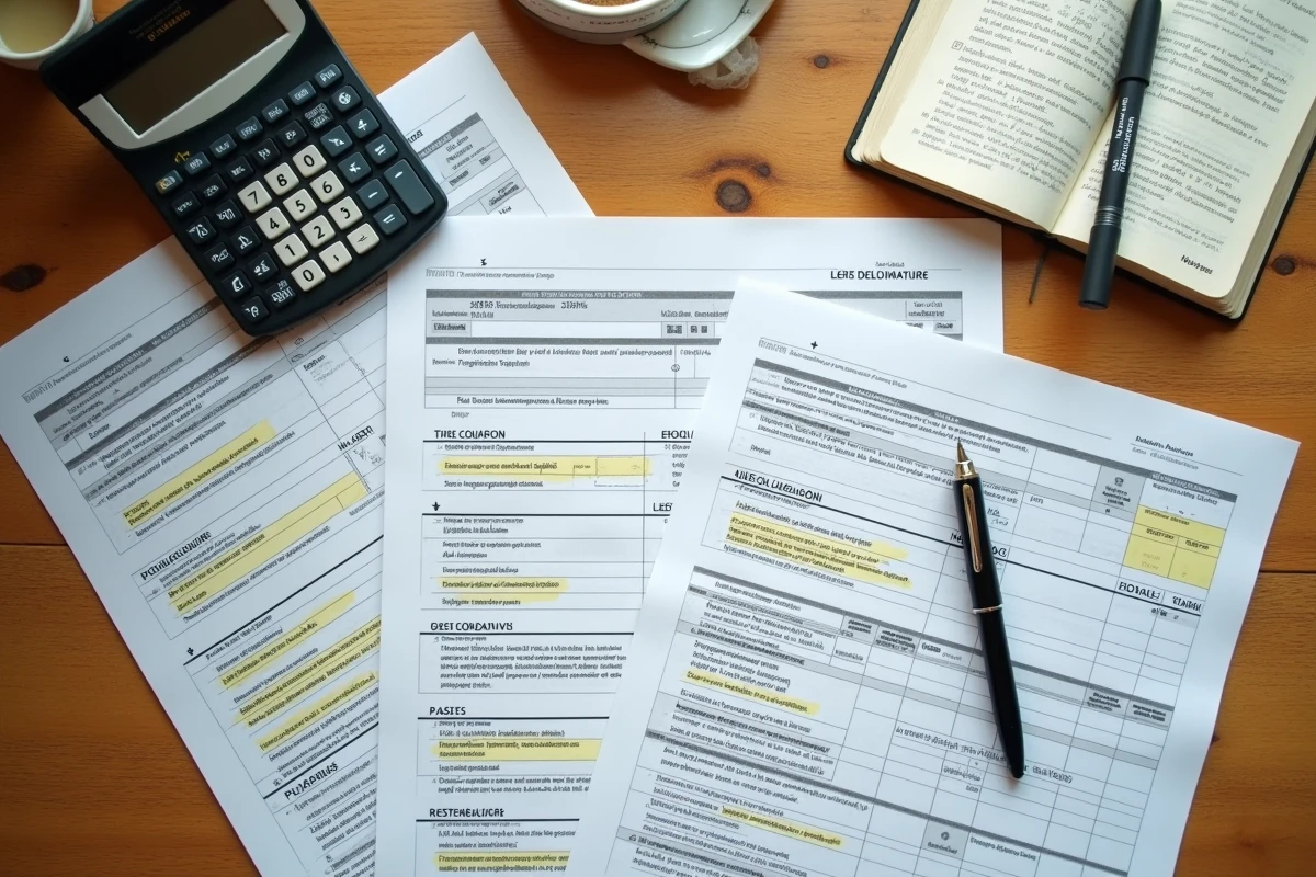 Vue aérienne d'un bureau avec des formulaires de déclaration d'impôts français, calculatrice et notes manuscrites pour l'optimisation fiscale