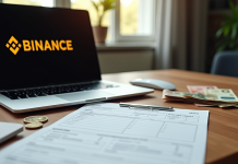 Formulaire fiscal français sur un bureau en bois avec un ordinateur affichant le logo Binance